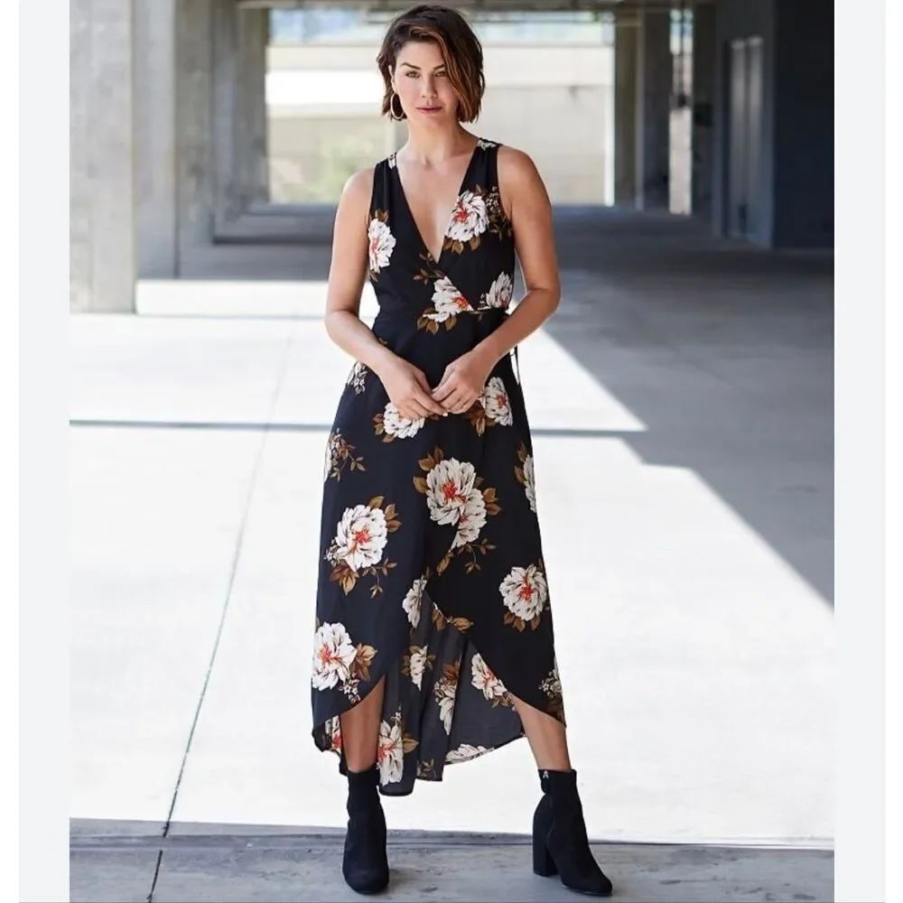 Leith True Wrap V-Neck Floral Flowy Maxi Sleeveless Dress Size Large